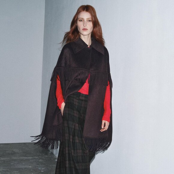 ZARA FRINGED WOOL LONG CAPE - Picture 1 of 12